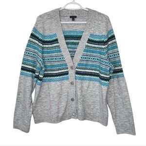Talbots Fair Isle Button Up Knit Cardigan Sweater Gray Greens Blue Womens XLarge